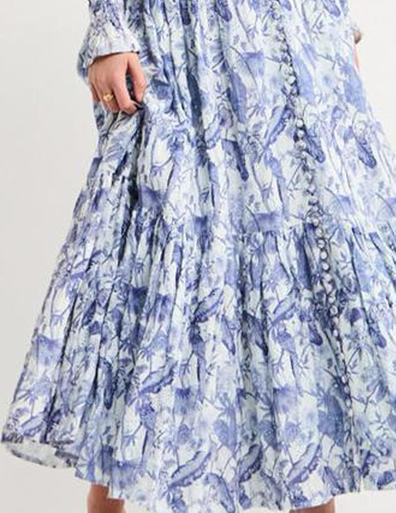 Jardinvue Blue Midi Flowy Button Down Floral Dress for Women